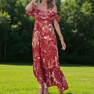 Zara Off-Shoulder Red and Cream Maxi Dress